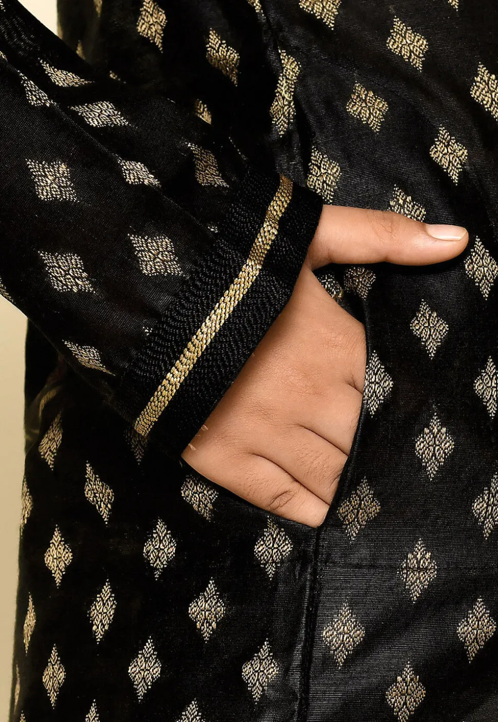 Woven Dupion Silk Kurta in Black