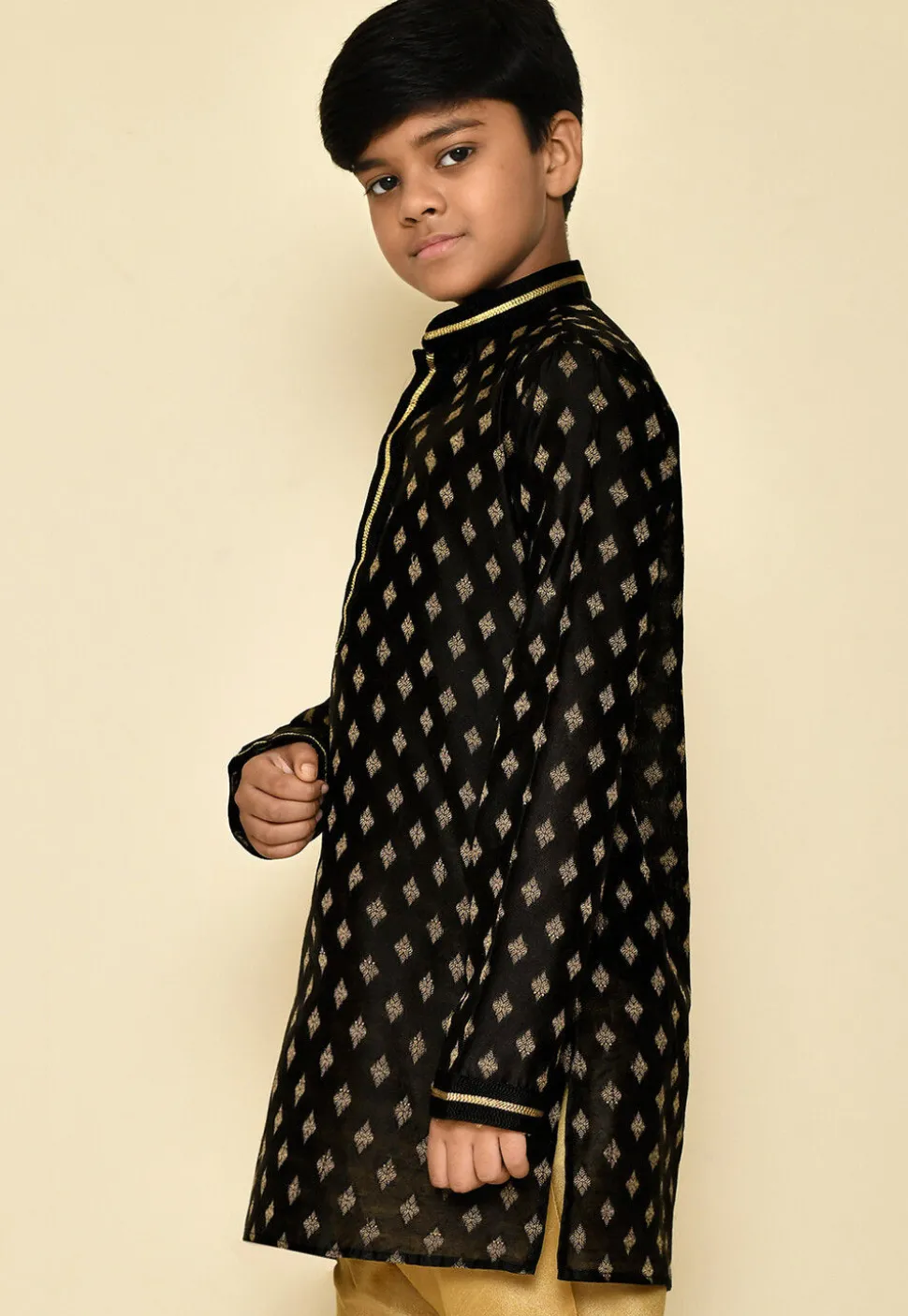 Woven Dupion Silk Kurta in Black