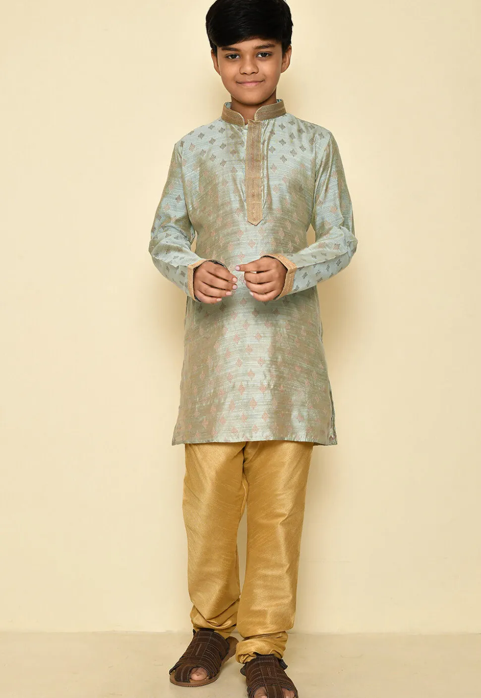 Woven Dupion Silk Kurta in Grey