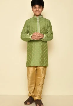 Woven Dupion Silk Kurta in Green