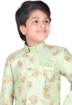 Woven Dupion Silk Kurta Jacket Set in Pastel Green