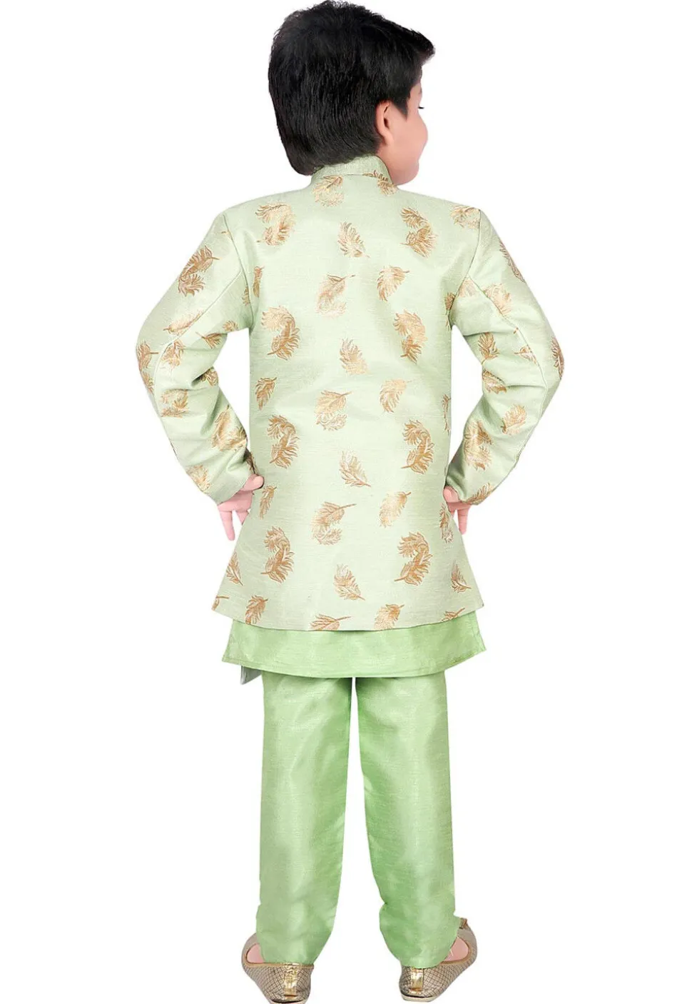 Woven Dupion Silk Kurta Jacket Set in Pastel Green