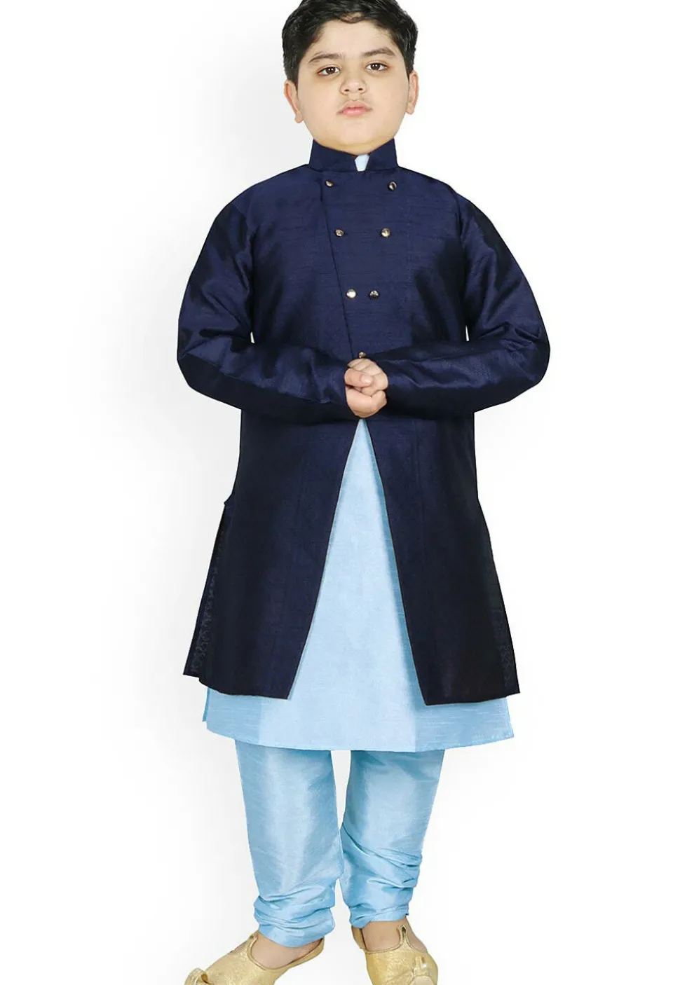 Woven Dupion Silk Kurta Jacket Set in Light Blue and Navy Blue