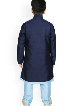 Woven Dupion Silk Kurta Jacket Set in Light Blue and Navy Blue