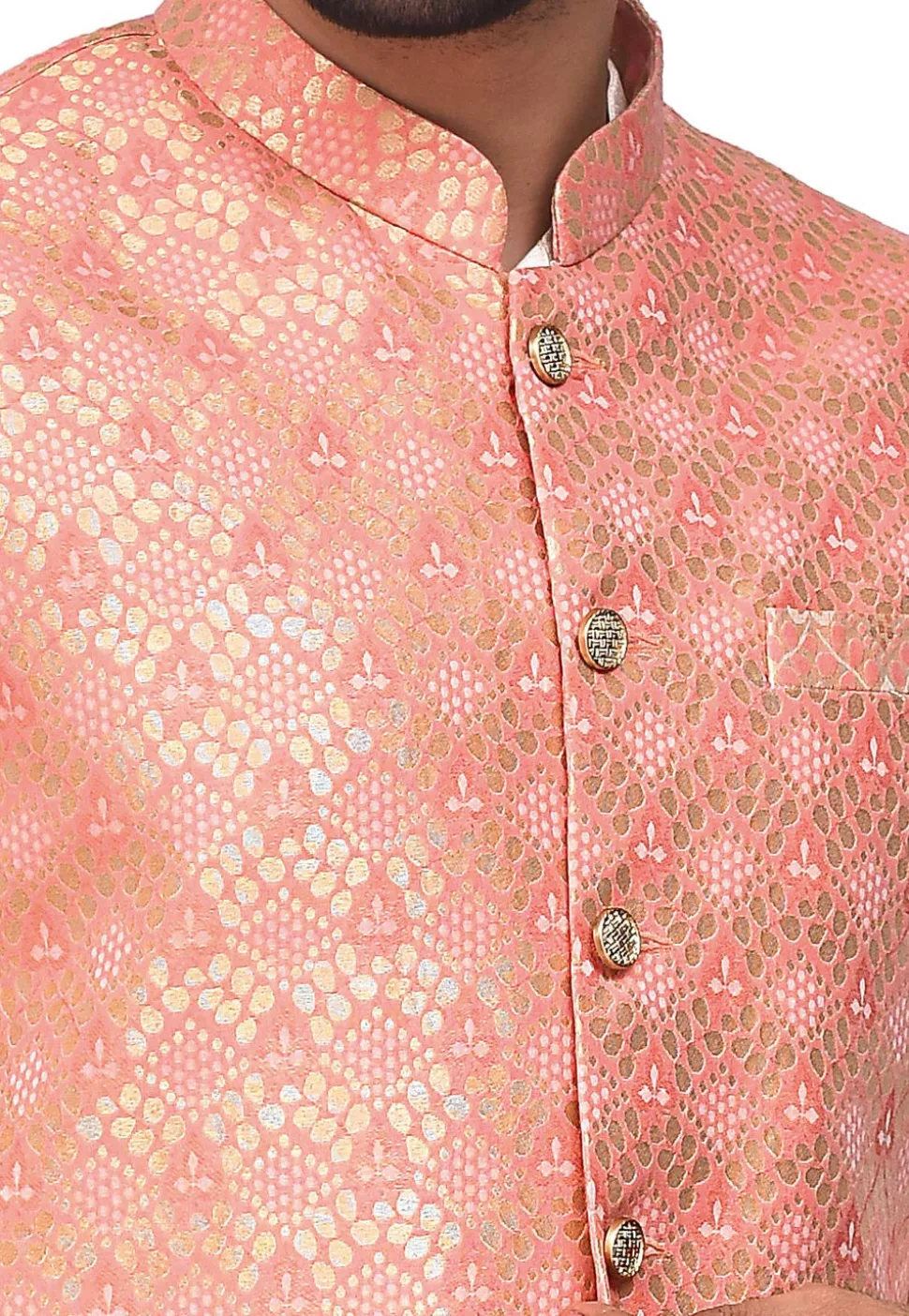 Woven Dupion Silk Kurta Jacket Set in Off White and Peach