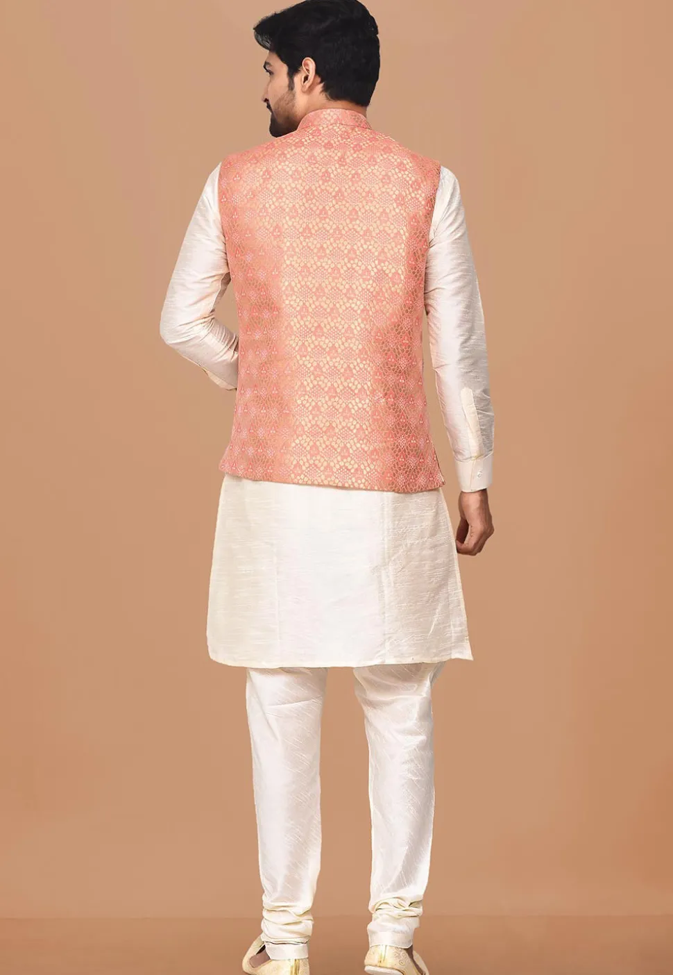 Woven Dupion Silk Kurta Jacket Set in Off White and Peach