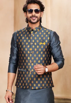 Woven Dupion Silk Kurta Set in Dark Grey