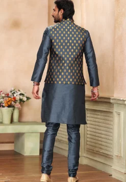 Woven Dupion Silk Kurta Set in Dark Grey