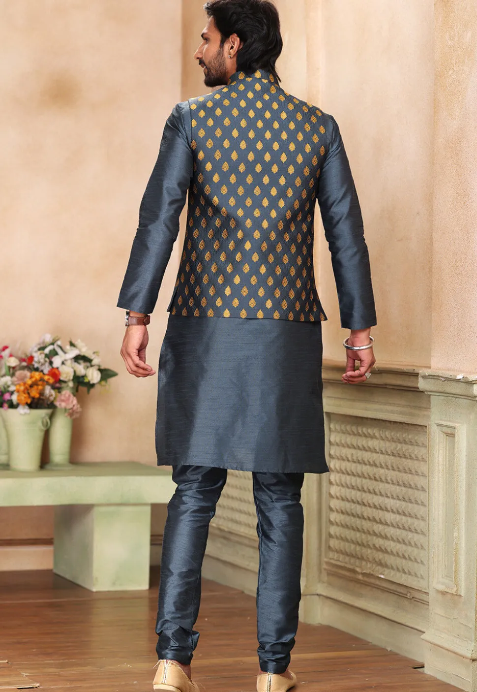 Woven Dupion Silk Kurta Set in Dark Grey