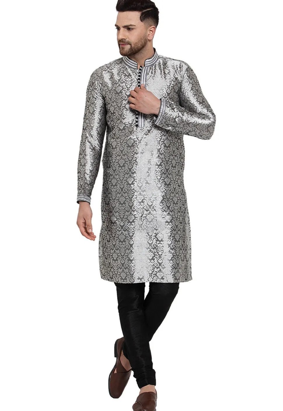 Woven Dupion Silk Kurta Set in Grey