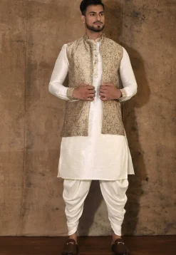 Woven Dupion Silk Kurta Set in Cream