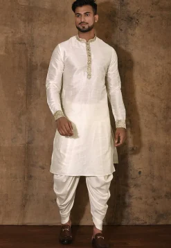 Woven Dupion Silk Kurta Set in Cream