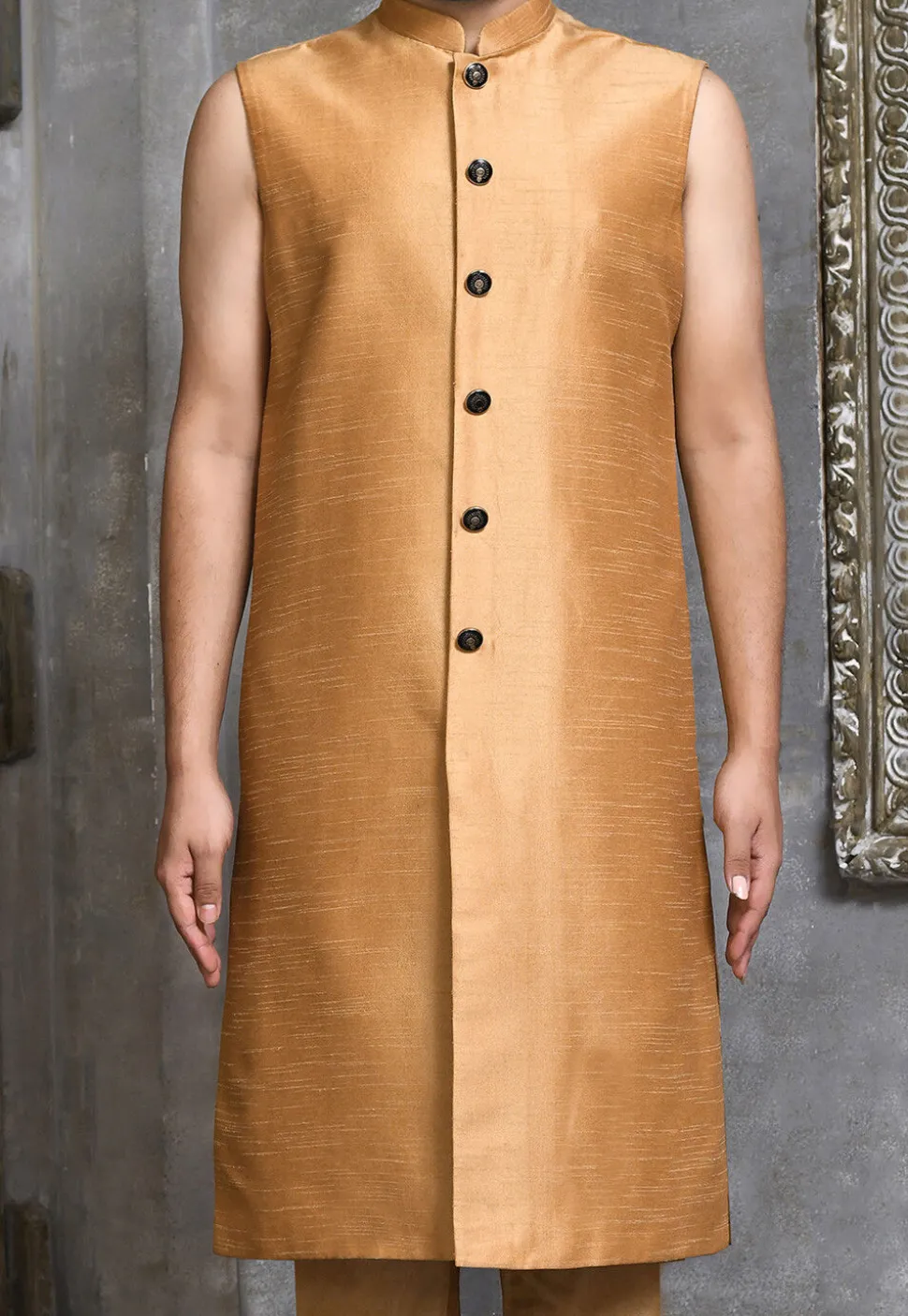 Woven Dupion Silk Sherwani in Dark Beige