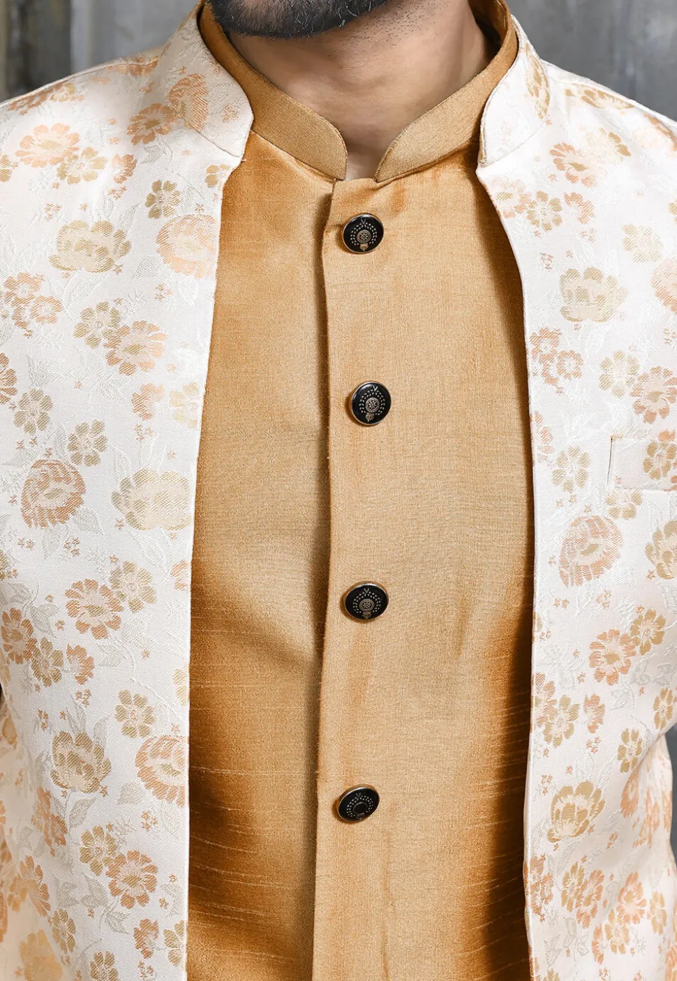 Woven Dupion Silk Sherwani in Dark Beige
