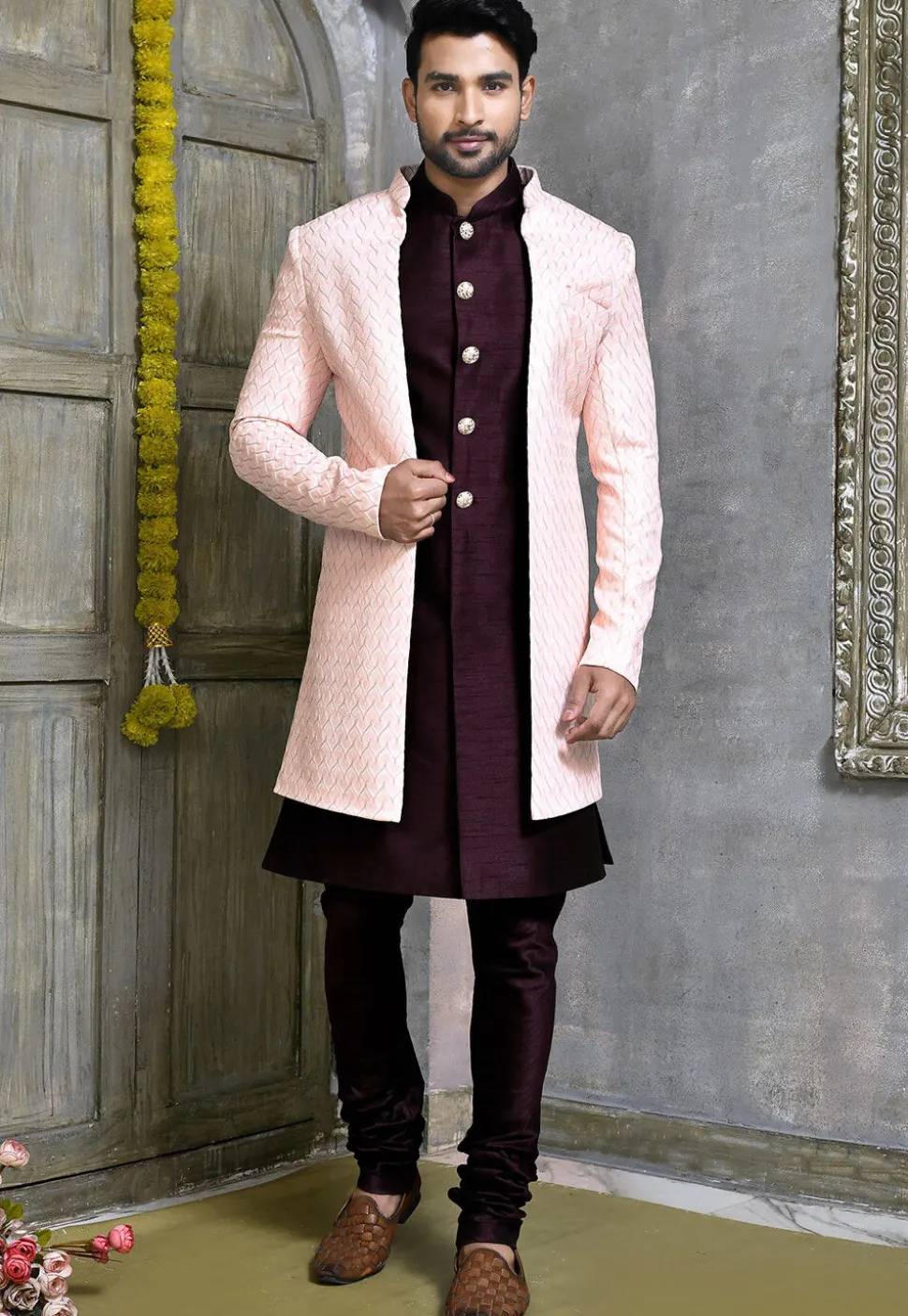 Woven Dupion Silk Sherwani in Wine