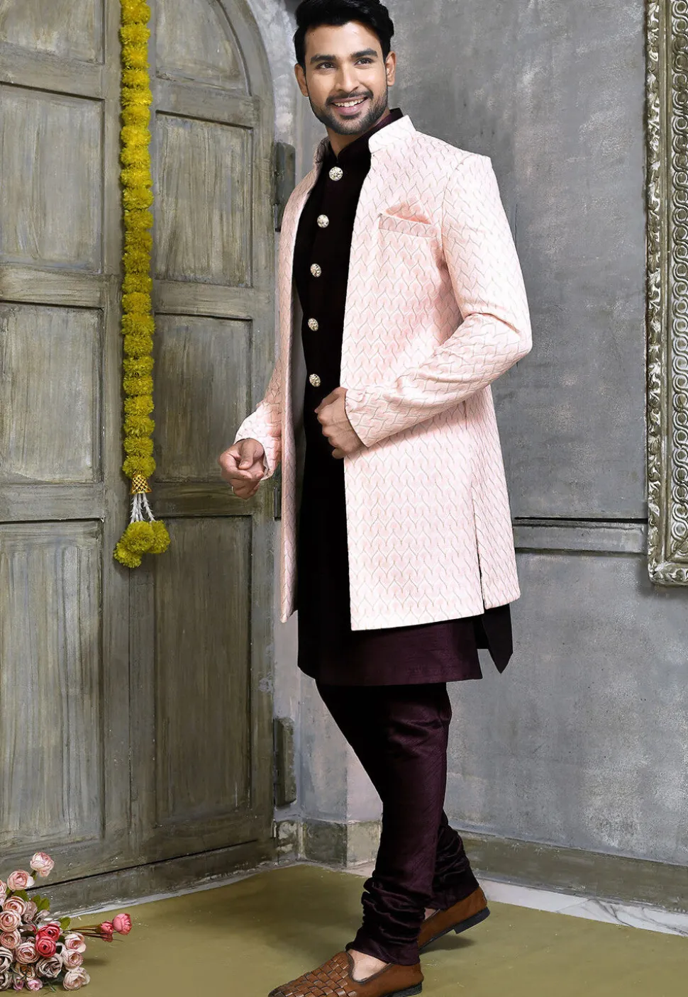 Woven Dupion Silk Sherwani in Wine