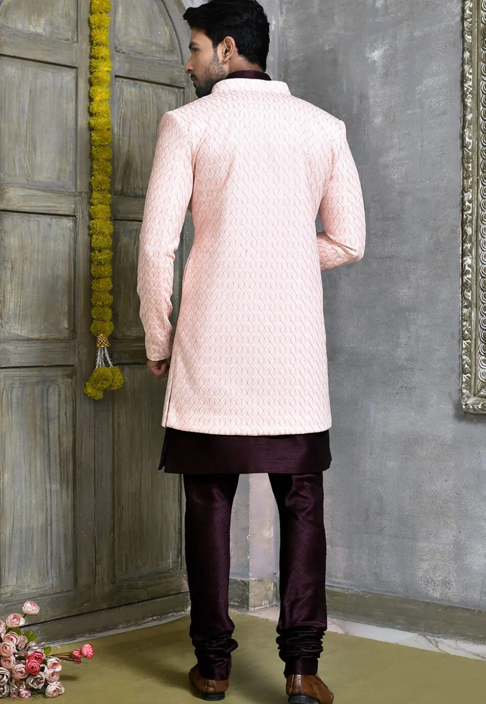 Woven Dupion Silk Sherwani in Wine