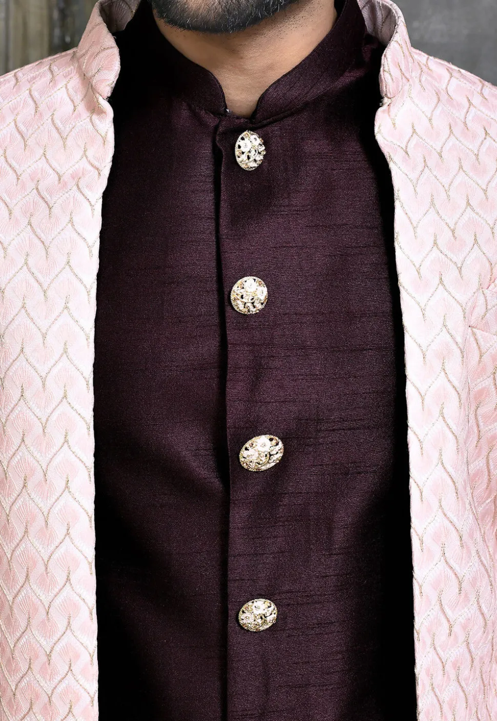 Woven Dupion Silk Sherwani in Wine