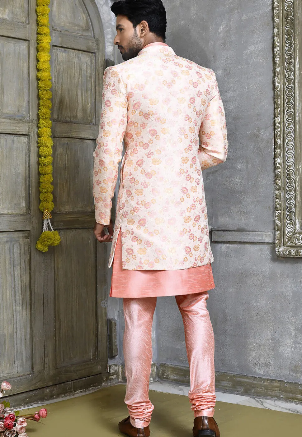 Woven Dupion Silk Sherwani in Peach