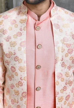 Woven Dupion Silk Sherwani in Peach