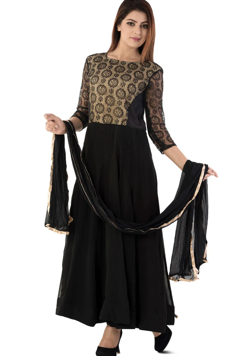 Woven Georgette Abaya Style Suit in Black