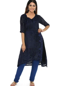 Woven Georgette Brasso Asymmetric Kurta in Navy Blue