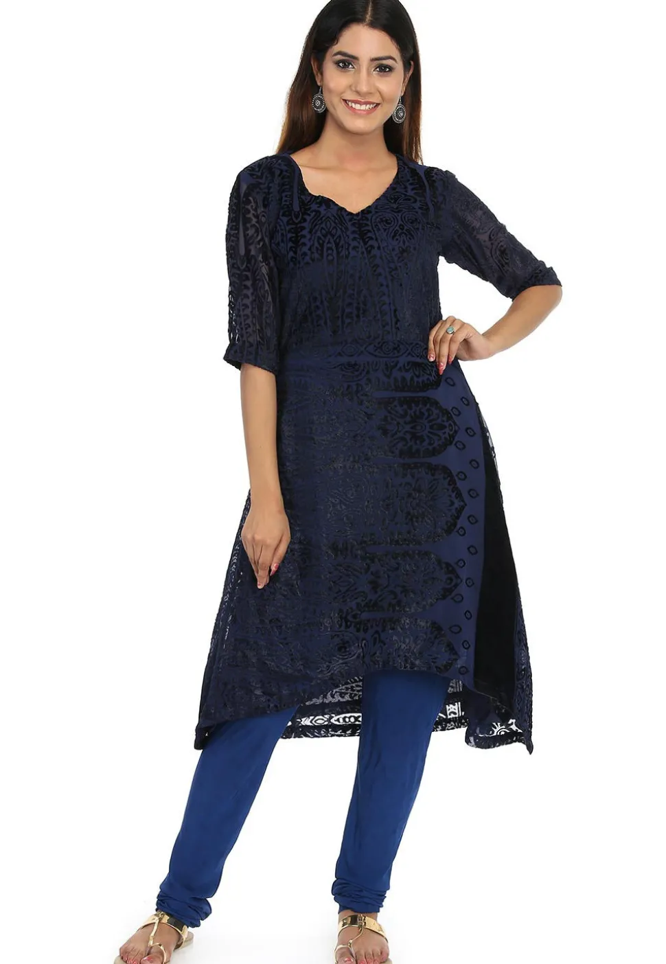 Woven Georgette Brasso Asymmetric Kurta in Navy Blue