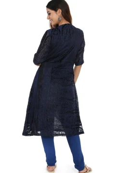 Woven Georgette Brasso Asymmetric Kurta in Navy Blue