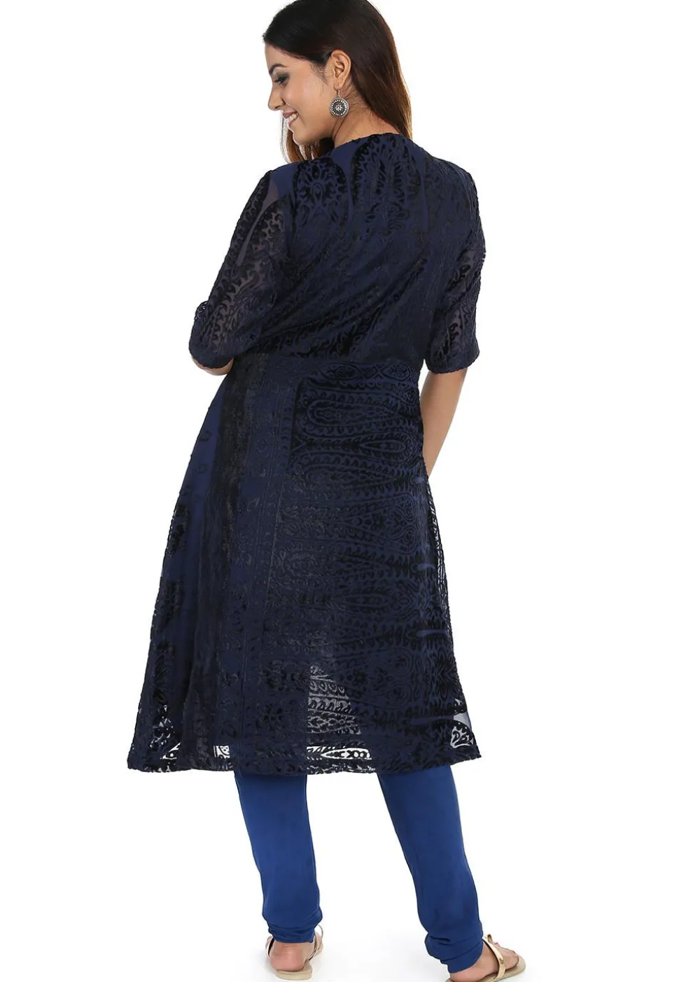 Woven Georgette Brasso Asymmetric Kurta in Navy Blue