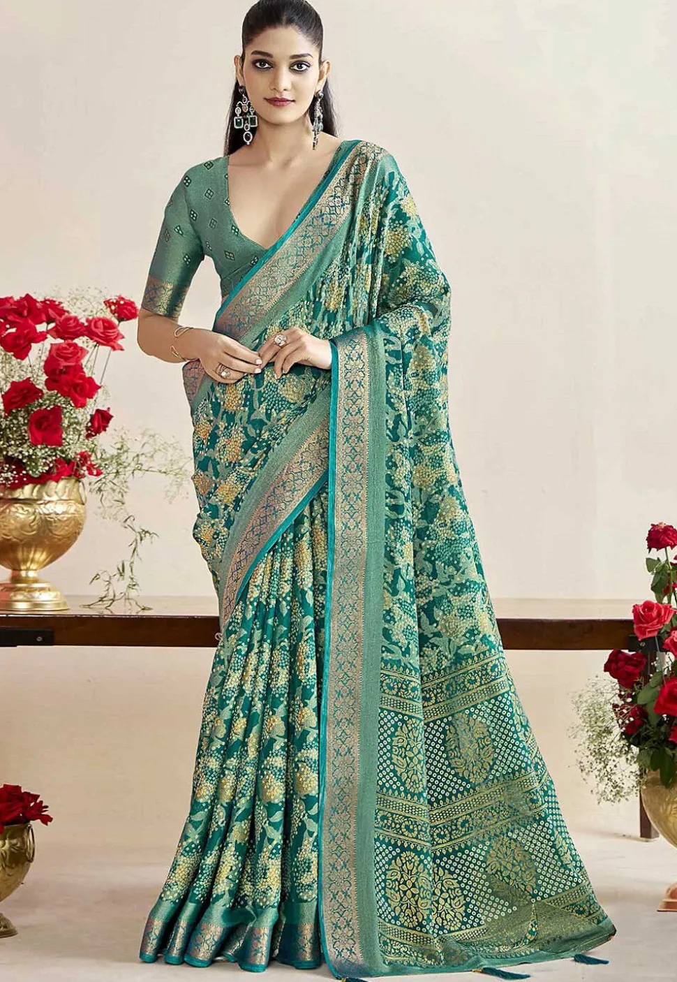Woven Georgette Brasso Saree in Teal Green
