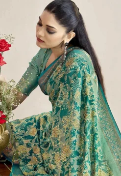 Woven Georgette Brasso Saree in Teal Green