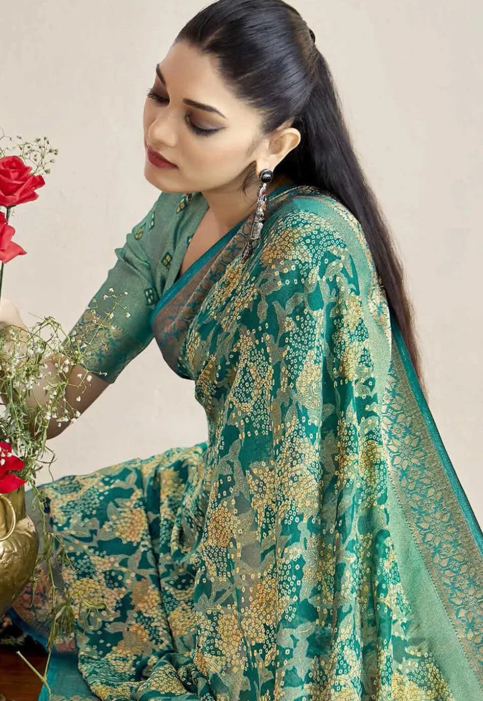 Woven Georgette Brasso Saree in Teal Green