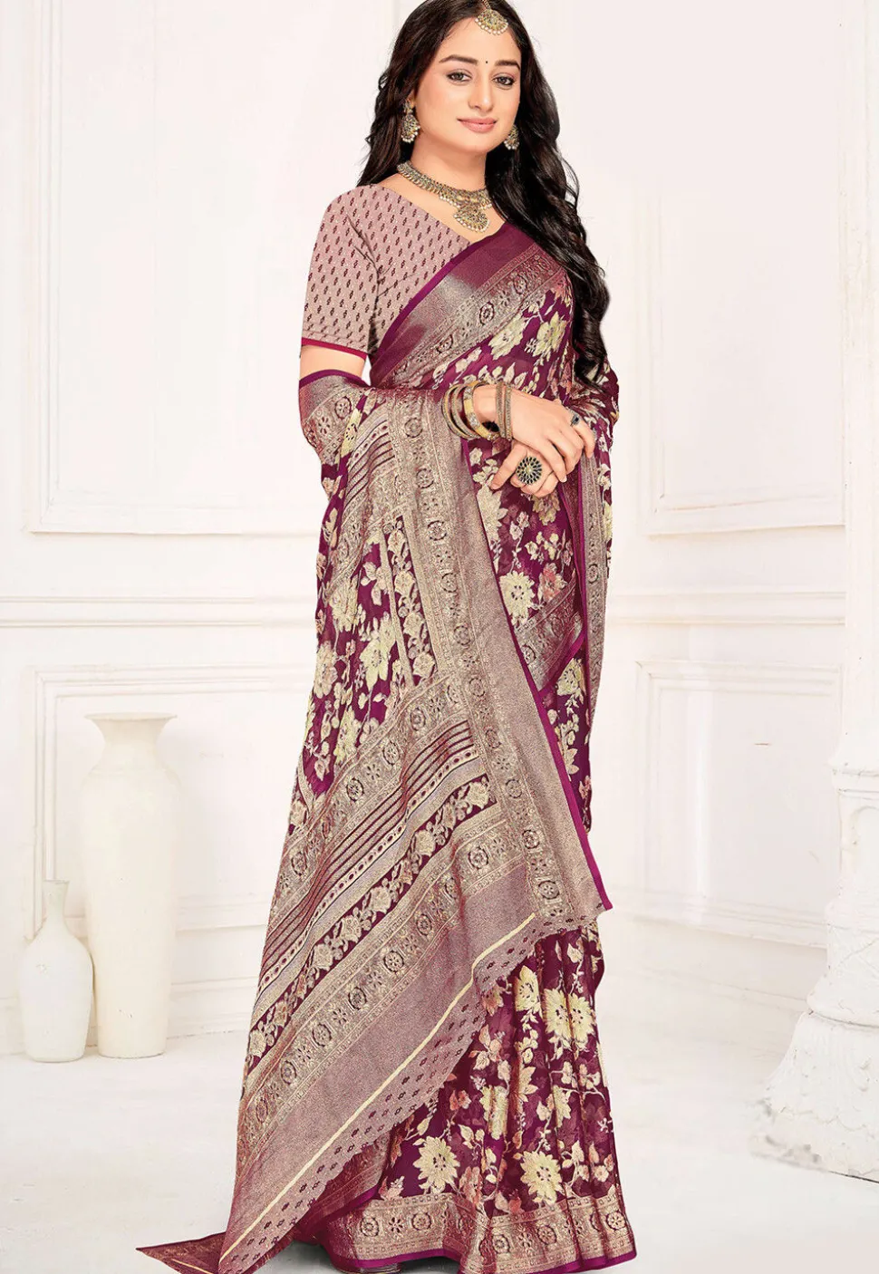 Woven Georgette Brasso Saree in Purple