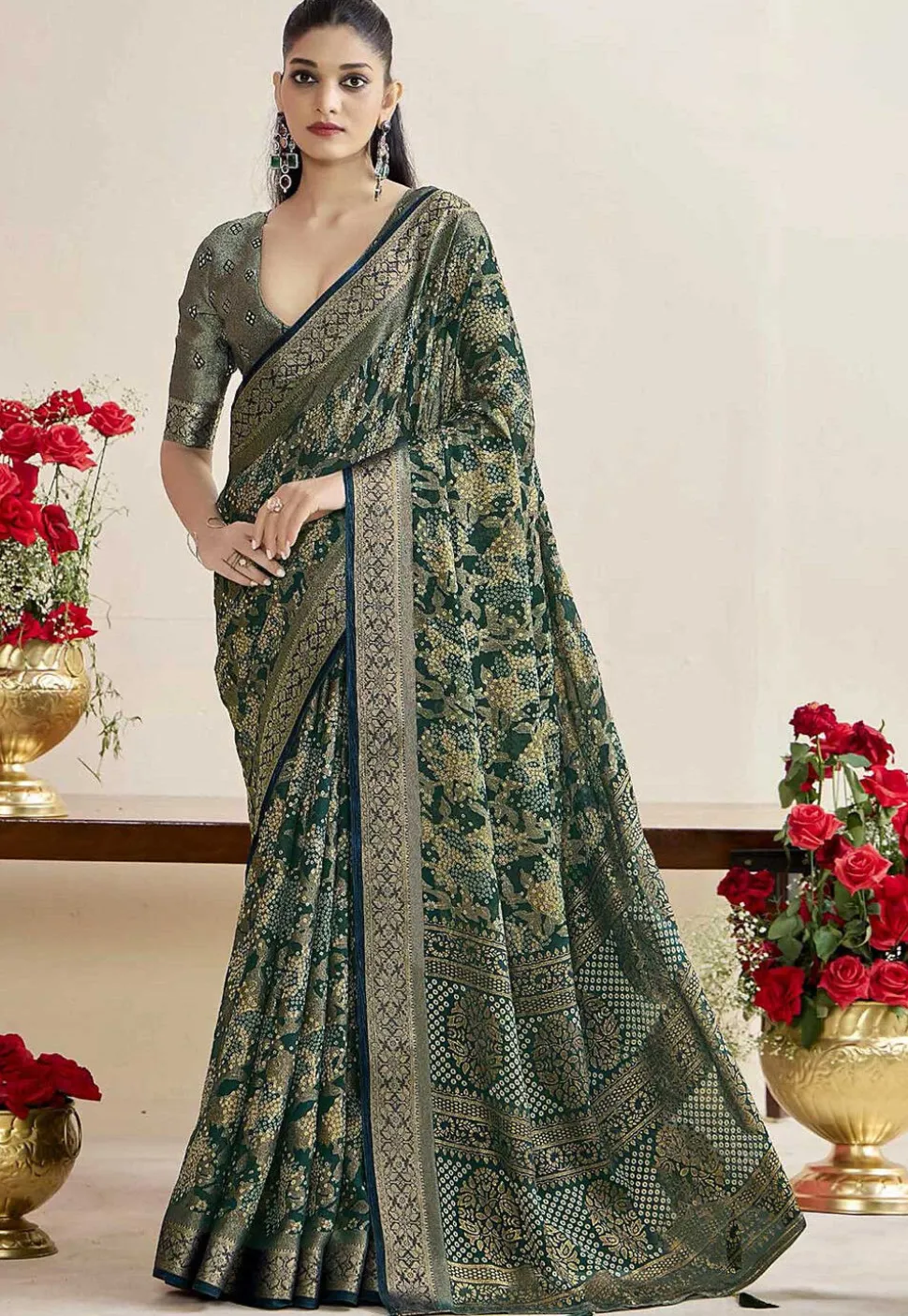 Woven Georgette Brasso Saree in Teal Green