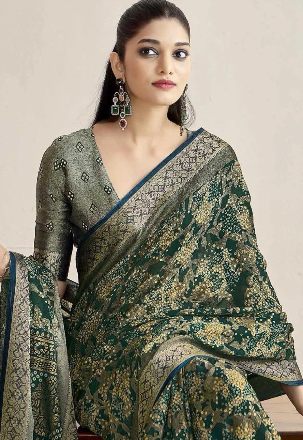 Woven Georgette Brasso Saree in Teal Green