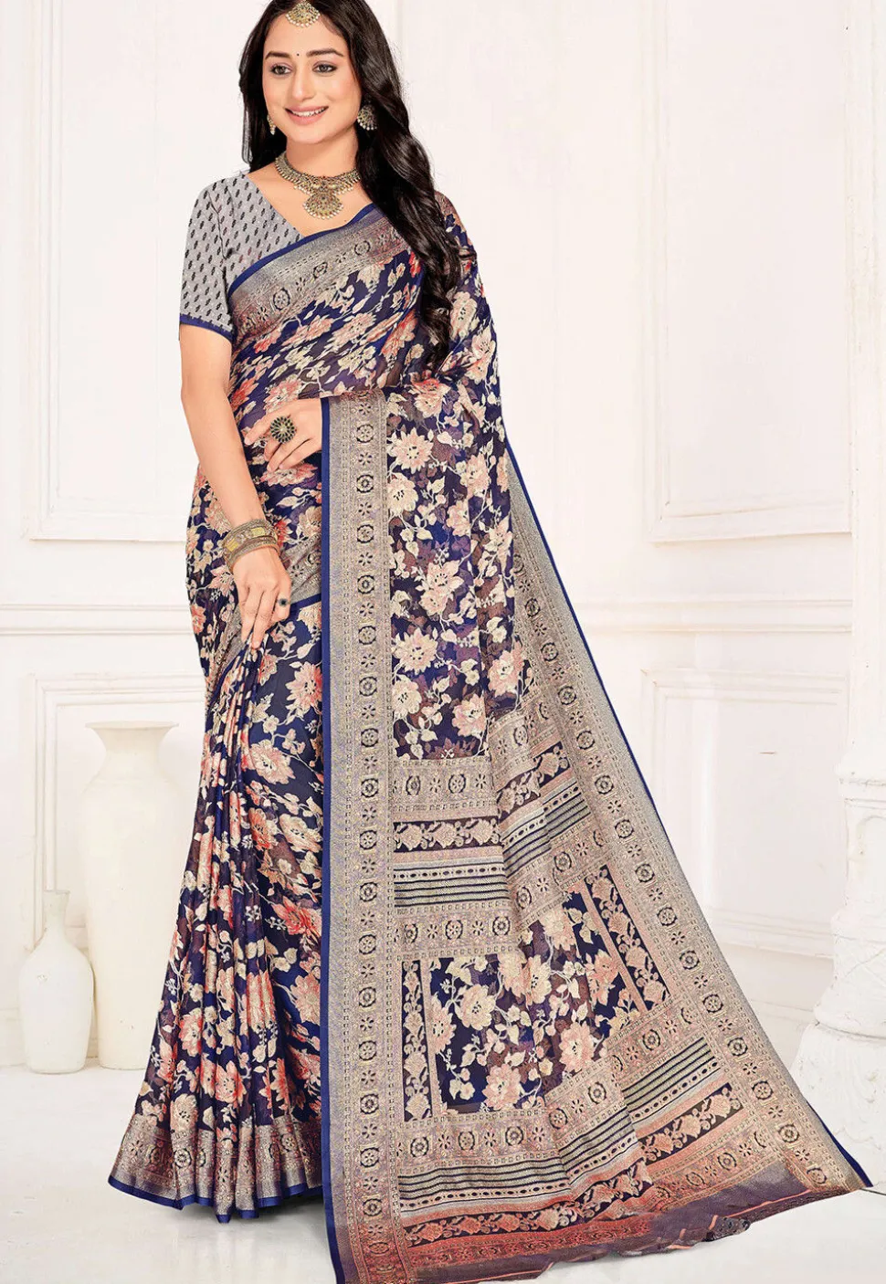 Woven Georgette Brasso Saree in Navy Blue