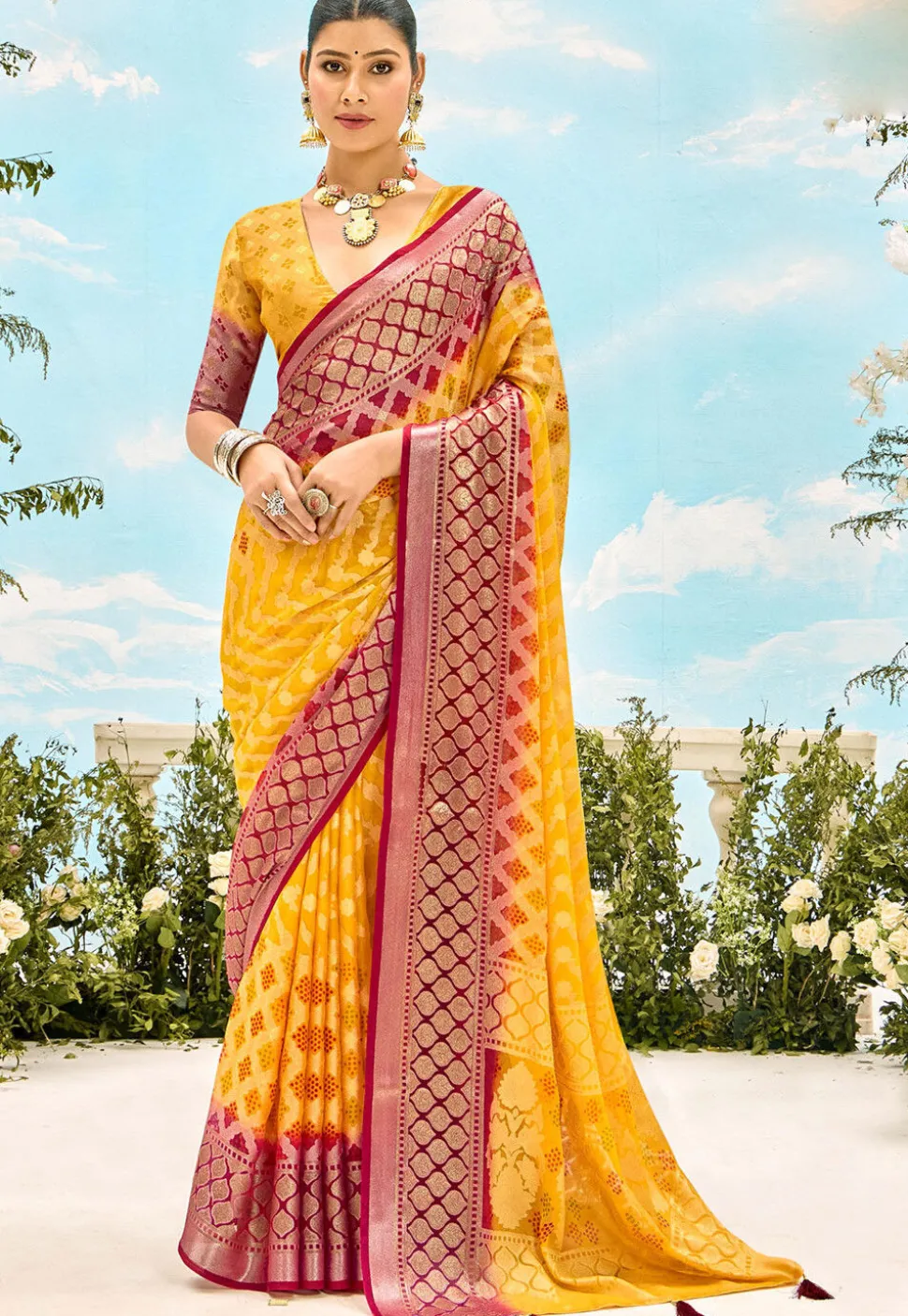 Woven Georgette Brasso Saree in Mustard