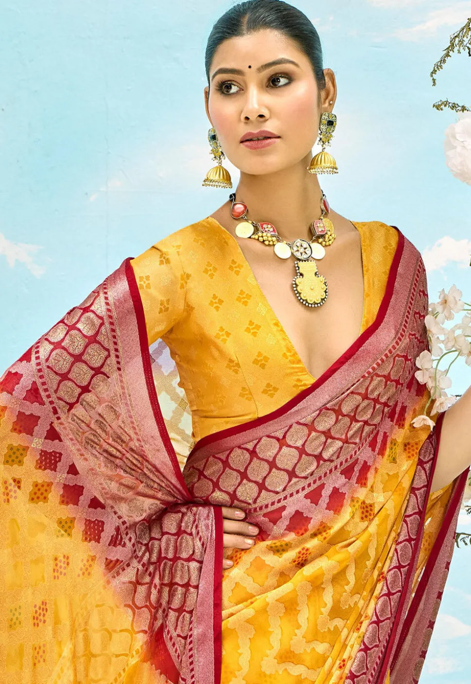 Woven Georgette Brasso Saree in Mustard