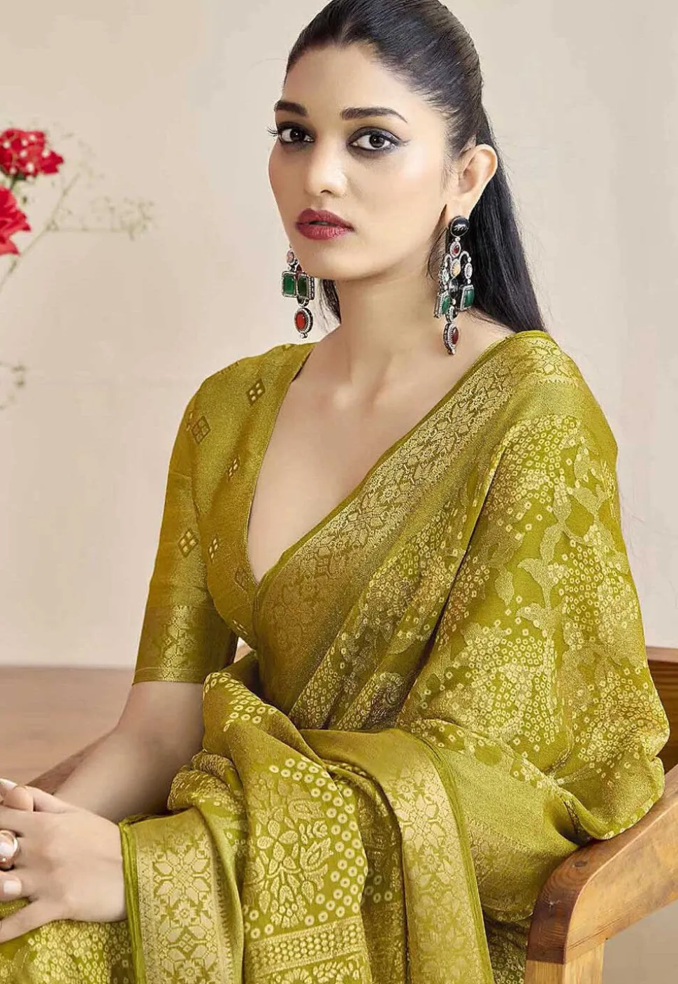 Woven Georgette Brasso Saree in Olive Green