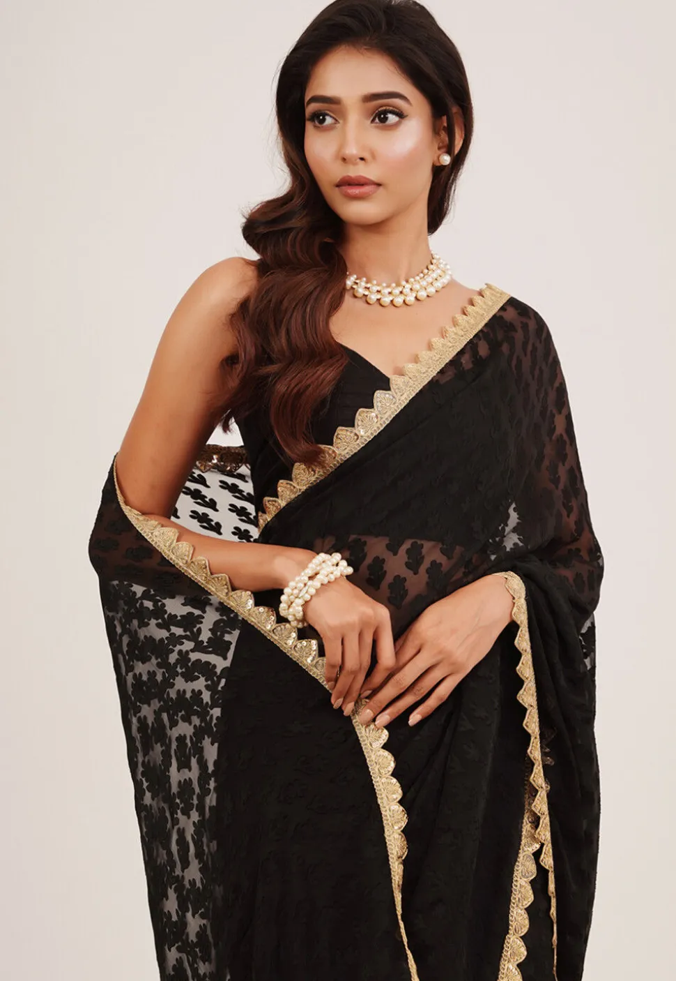 Woven Georgette Brasso Saree in Black