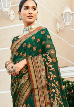 Woven Georgette Brasso Saree in Dark Green