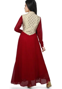 Woven Georgette Flared Gown in Maroon