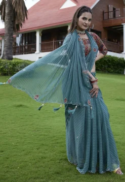 Woven Georgette Jacquard Scalloped Saree in Dusty Blue