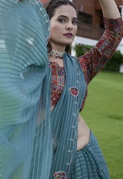 Woven Georgette Jacquard Scalloped Saree in Dusty Blue