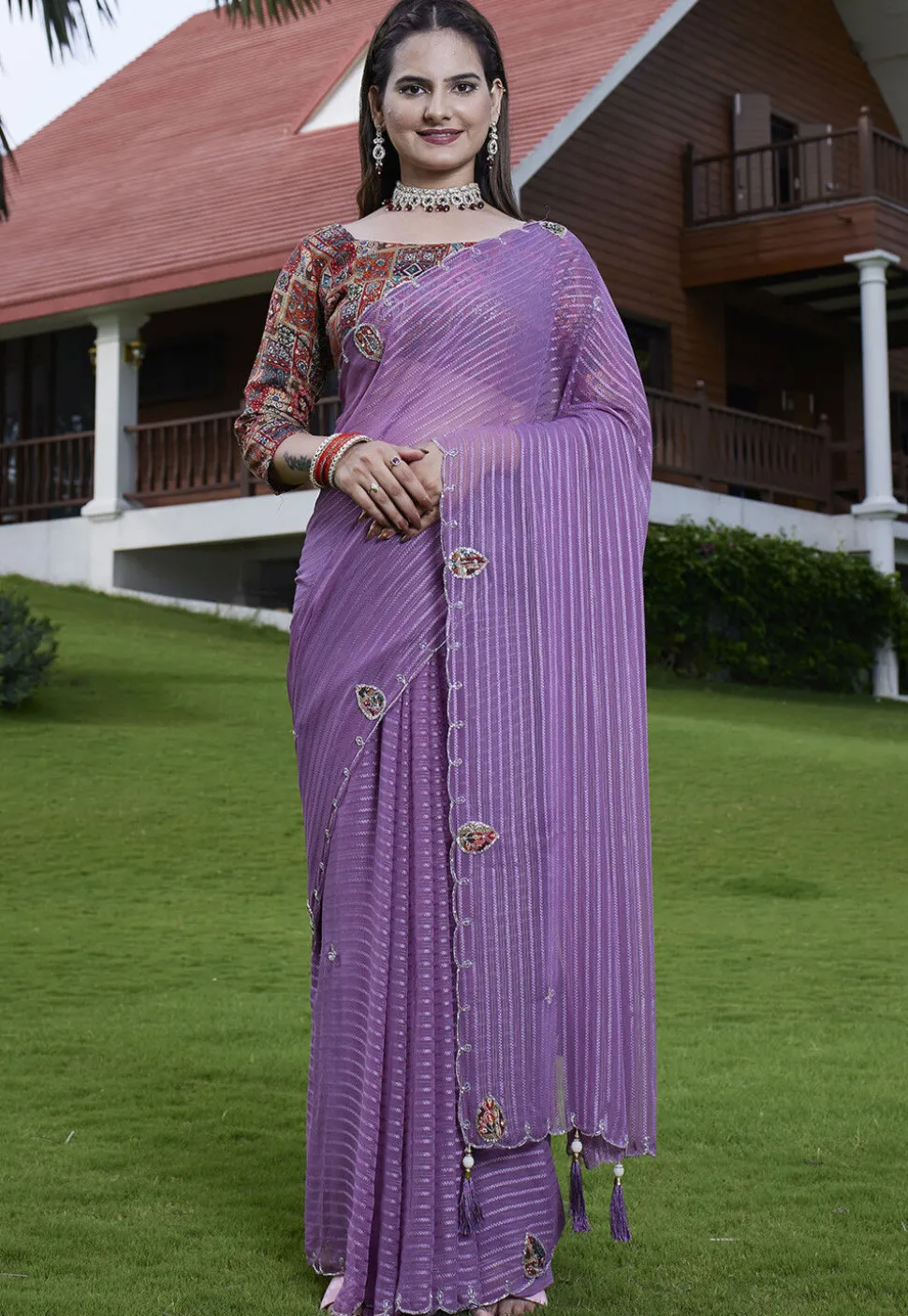 Woven Georgette Jacquard Scalloped Saree in Purple