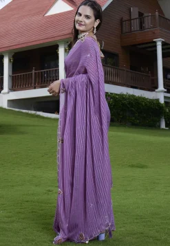 Woven Georgette Jacquard Scalloped Saree in Purple