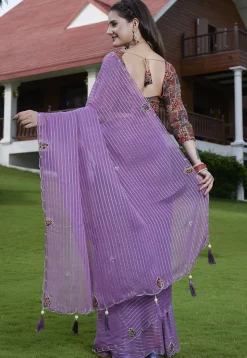Woven Georgette Jacquard Scalloped Saree in Purple