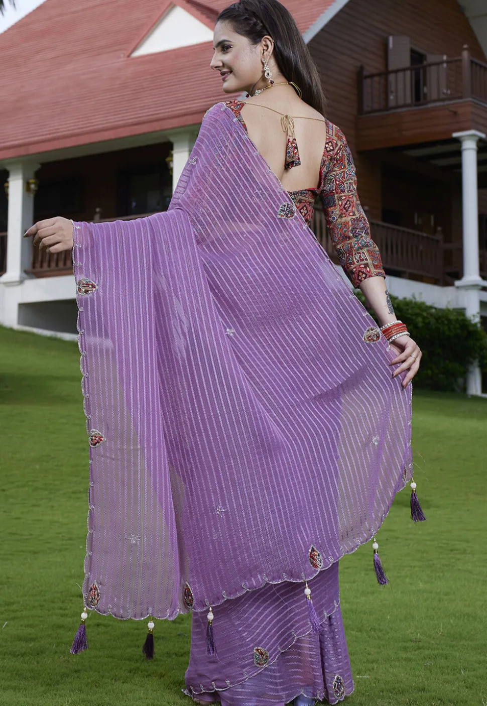 Woven Georgette Jacquard Scalloped Saree in Purple