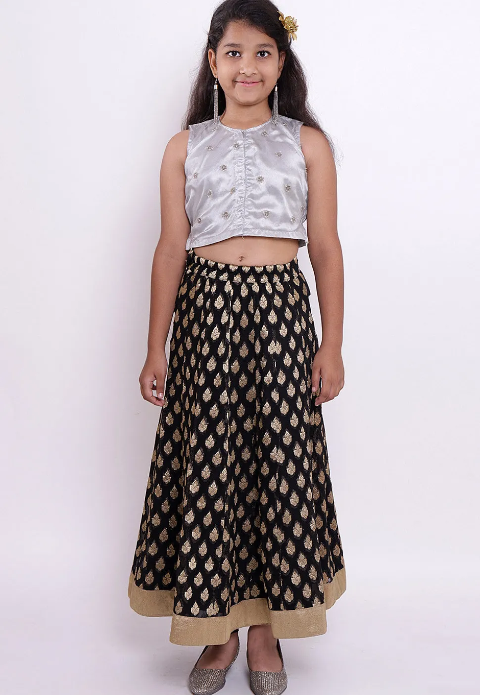 Woven Georgette Jacquard Top N Skirt in Black and Grey