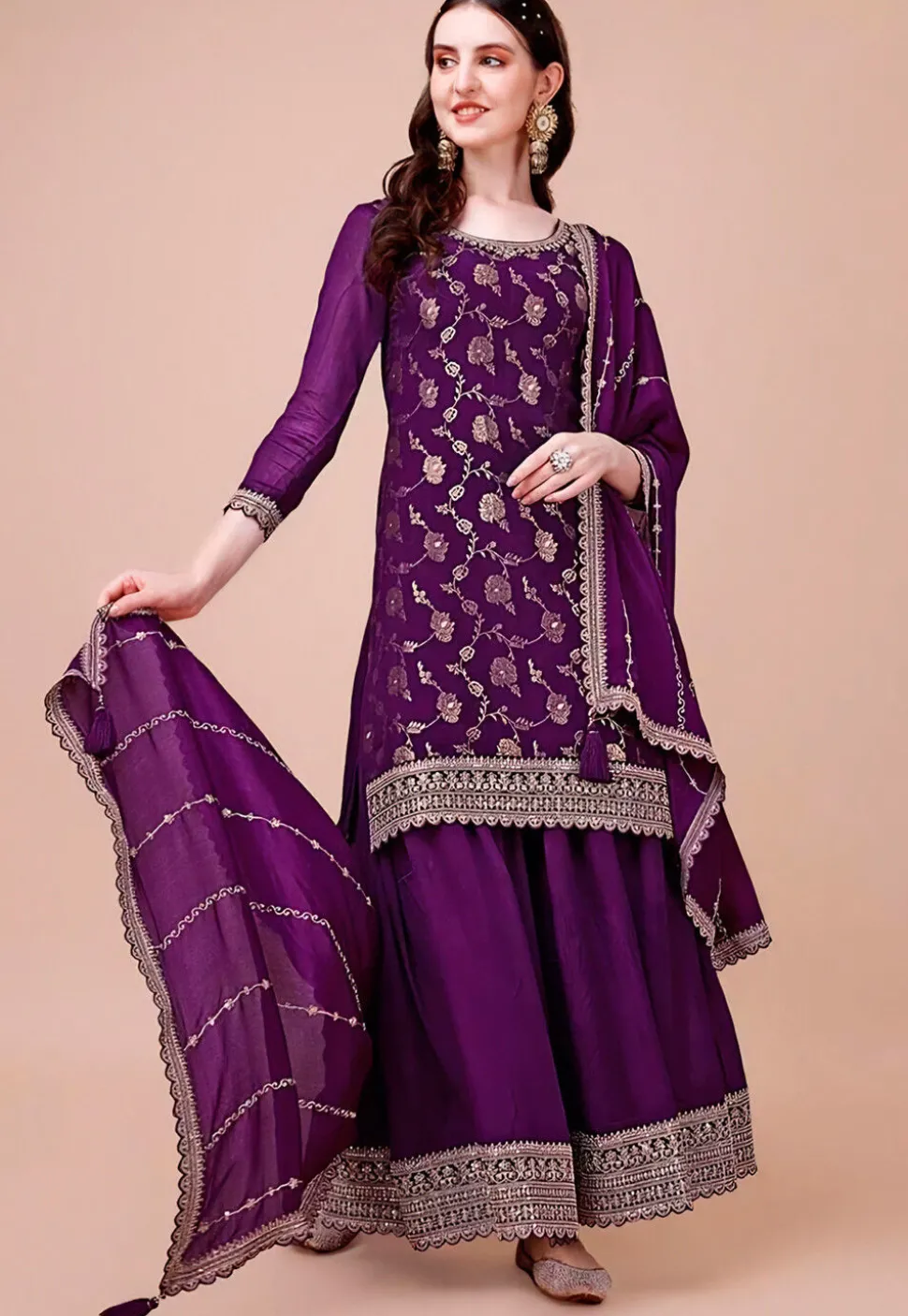 Woven Georgette Jacquard Pakistani Suit in Purple